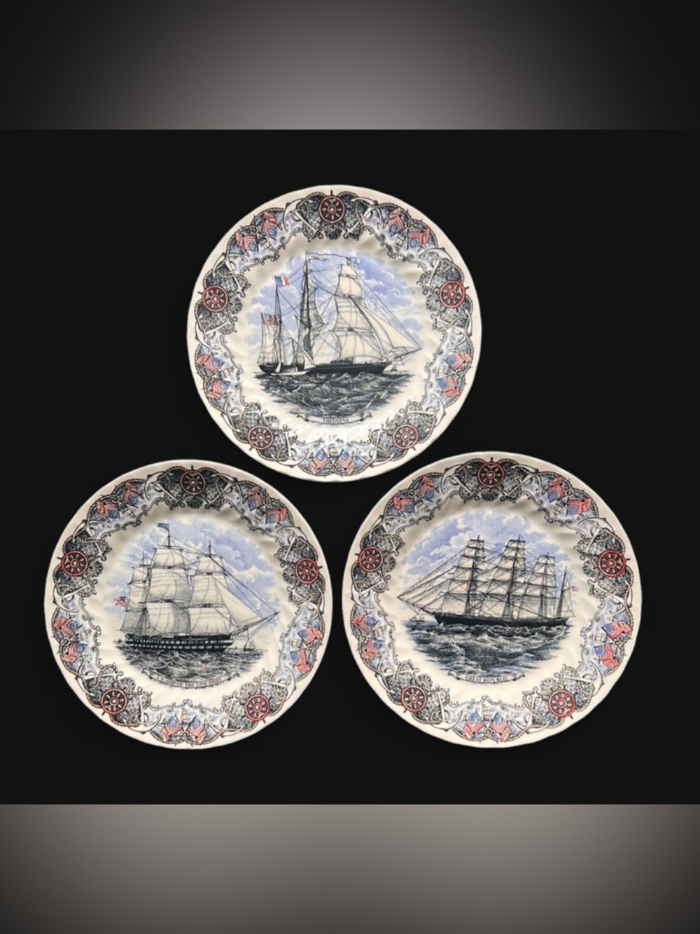 Set of 3 Churchill England 10-inch dinner plates “Tall Ships/Nautical” series